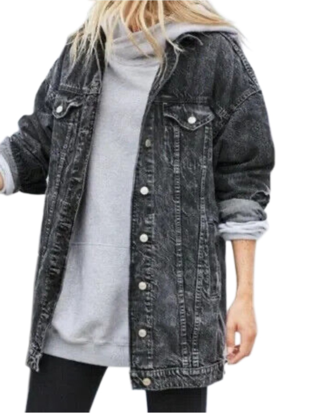 American Eagle Black Acid Dark Wash Long Denim Jacket